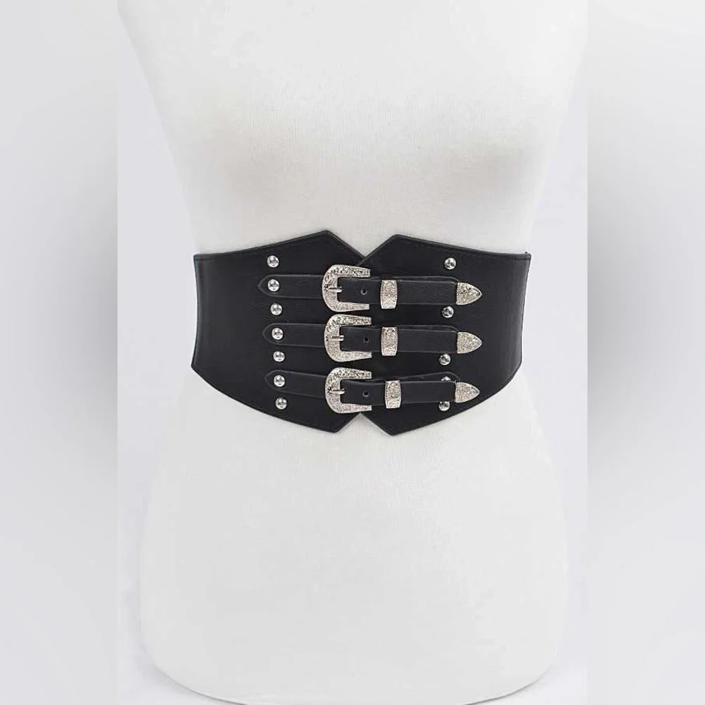 Vegan Leather Triple Buckle Corset Statement Belt